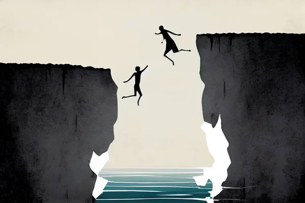 A man jumping off a cliff into the ocean from a cliff face to face with another man editorial illustration a storybook illustration neo-romanticism