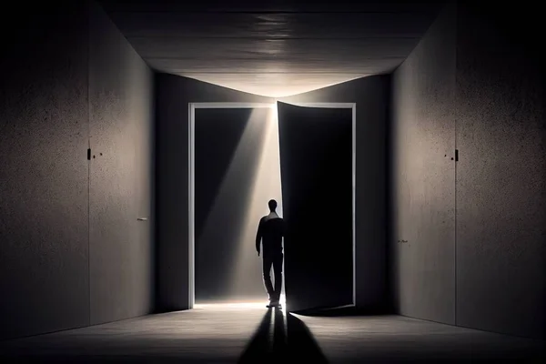 A man standing in a dark room with a light coming through the door and a light coming in liminal space a raytraced image abstract illusionism