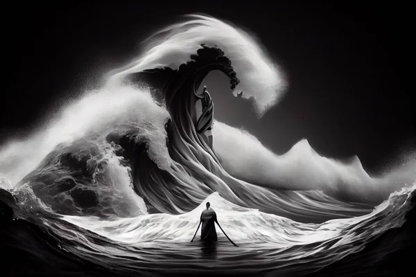 A man standing in front of a giant wave with a sword in his hand and a giant wave behind him highly detailed digital painting an ambient occlusion render analytical art