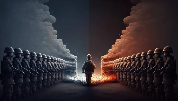 A man standing in front of a group of storm troopers in a dark room with smoke billowing out of the stacks war poster art analytical art