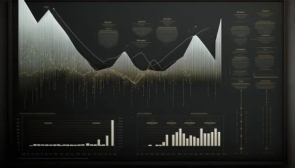 A black and gold poster with a line graph on it and a bar chart on the bottom cgstudio a wireframe diagram analytical art