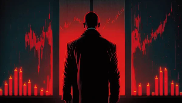 A man standing in front of a red background with candles in it and a bar chart comic cover art poster art analytical art
