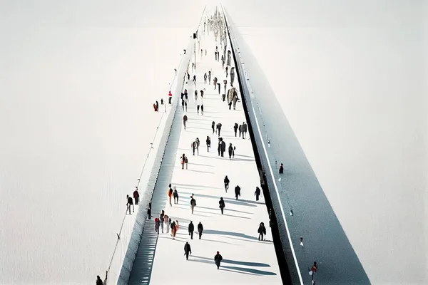 A group of people walking across a bridge over water with a sky background and a long shadow path tracing a digital rendering constructivism