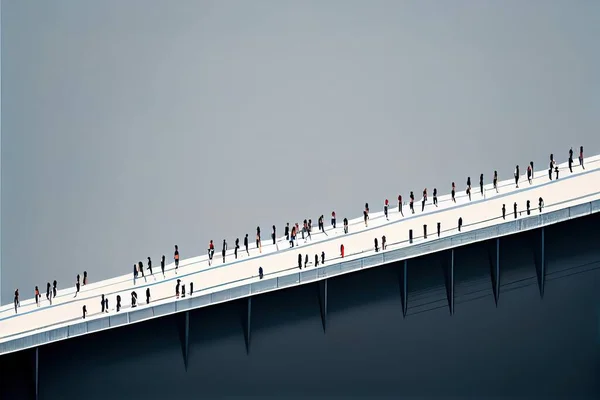 A group of people walking across a bridge over water with a sky background and a long line of people walking across the bridge editorial illustration a digital rendering institutional critique