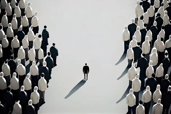 A man standing in front of a large group of people in a room with a white wall editorial illustration a raytraced image institutional critique