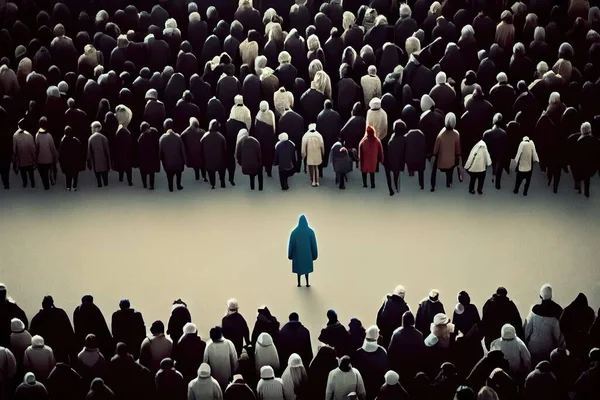 A crowd of people standing in a circle with a person in the middle of the circle dystopian art a microscopic photo antipodeans