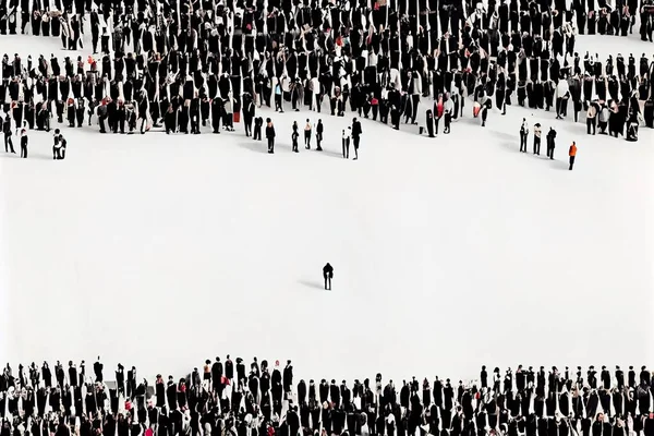 A large group of people standing in the snow together all looking at the same person award-winning photograph a microscopic photo figuration libre