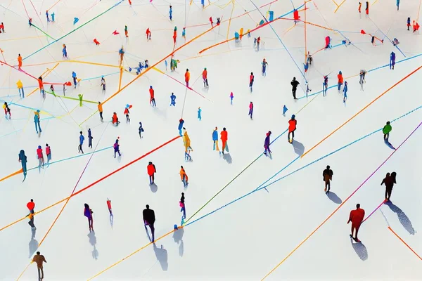 A group of people standing in a large group of lines of colored lines on a white surface in gouache detailed paintings an ultrafine detailed painting generative art