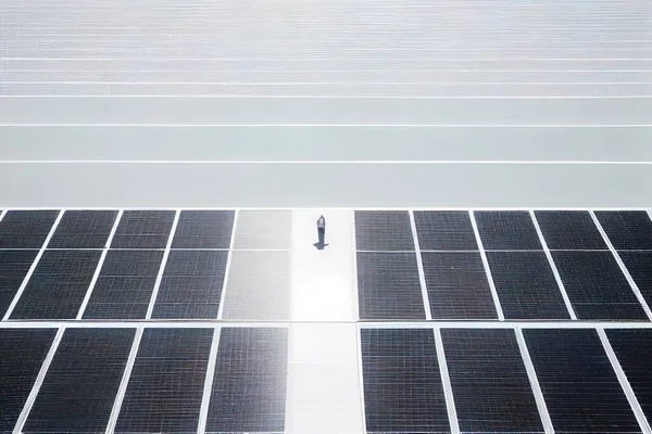 A man standing in front of a solar panel with a sky background and a person standing in the middle of the photo solarpunk a photo neoism