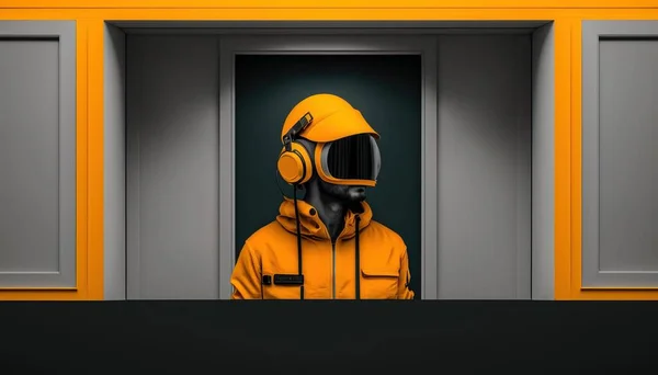A man in a yellow jacket and headphones in a doorway with a yellow wall orange poster art retrofuturism