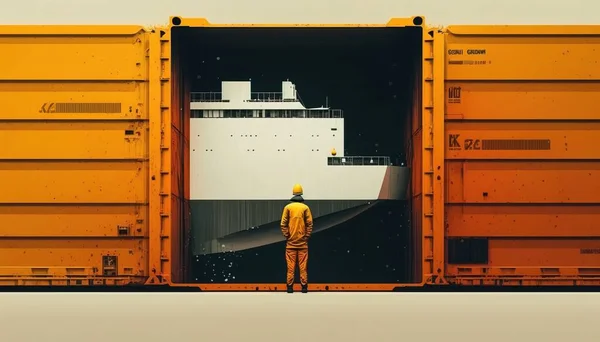 A man standing in front of a large cargo container with a large ship in the background editorial illustration an ultrafine detailed painting international typographic style