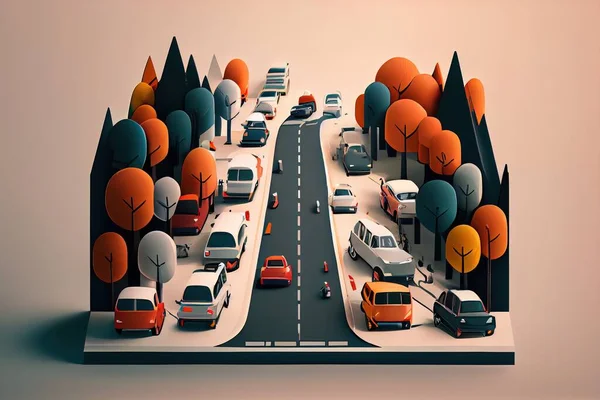 A road with cars and trees on it in a cutout style with a sky background editorial illustration a 3d render environmental art