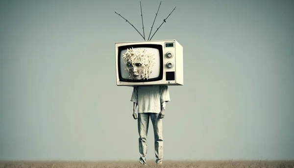 A person standing in a field with a television on their head and a dog on his head surreal photography poster art video art