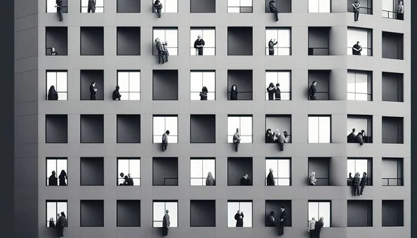 A building with people standing on the windows and a sky background with a black and white photo award-winning photograph an ultrafine detailed painting modernism