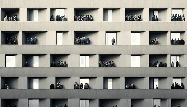 A group of people standing in a window of a building with a lot of windows award-winning photograph a microscopic photo neoism