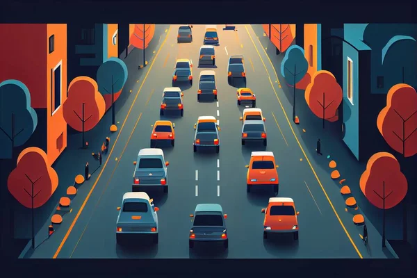 A city street filled with lots of traffic next to tall buildings and trees with orange and blue colors animation an ultrafine detailed painting video art