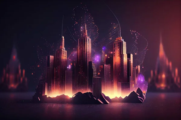 A futuristic city with a lot of buildings and fireworks in the sky at night time volumetric lights a detailed matte painting video art