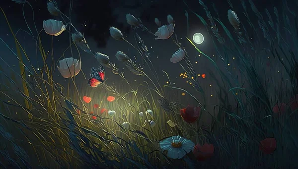 A painting of a field of flowers and a butterfly at night with a light shining on them fireflies a detailed painting fantasy art