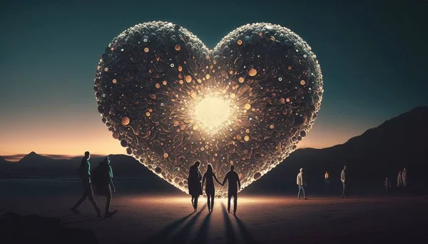 A heart shaped sculpture with people standing around it in the middle of a desert area highly detailed digital art concept art interactive art