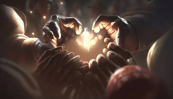 A group of people holding their hands together in the shape of a heart with a glowing light splash art concept art harlem renaissance