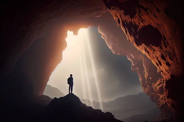 A man standing in a cave looking out at the light coming through the cave door dim volumetric lighting a cave painting light and space