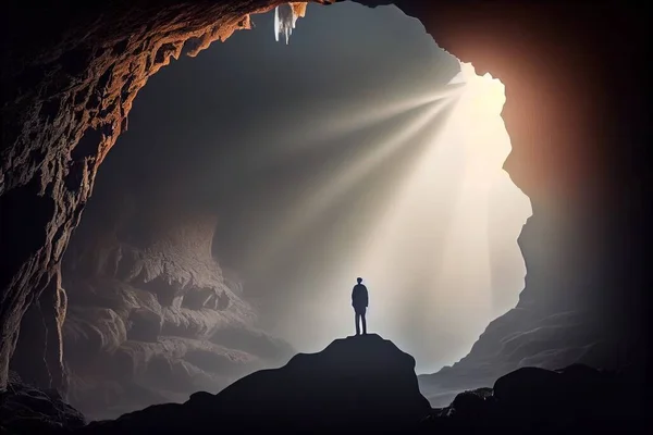 A man standing in a cave looking at the light coming through the cave door volumetric light a cave painting light and space