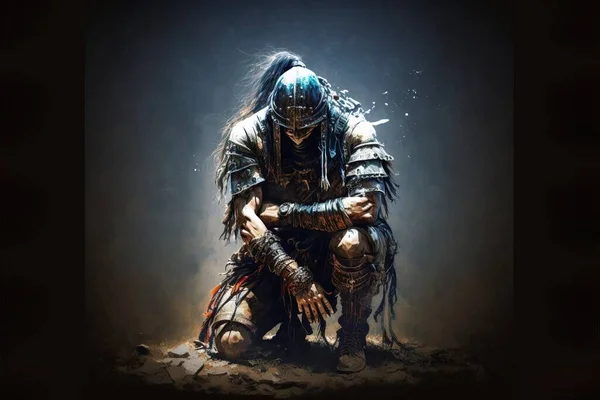A digital painting of a man in armor kneeling down on the ground with his hands on his knees epic fantasy character art a character portrait fantasy art