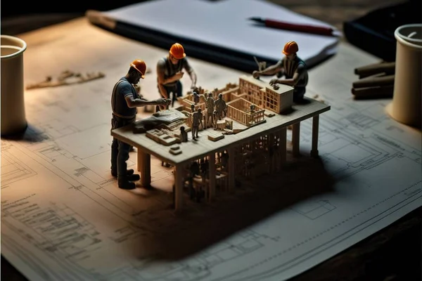 A couple of people that are standing in front of a table with some construction plans 3 d model a tilt shift photo