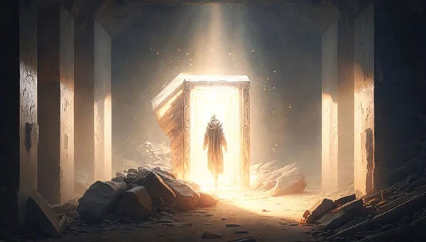 A man standing in a doorway with a light coming from it in a dark room dim volumetric lighting a detailed matte painting fantasy art
