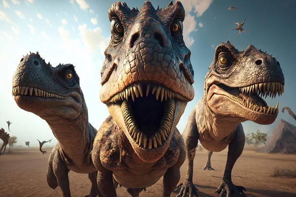A group of dinosaurs with their mouths open and their heads slightly open in a desert landscape ultra realistic faces computer graphics photorealism