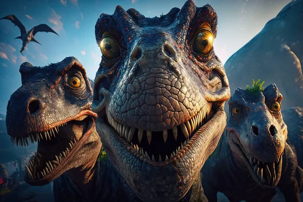 A group of dinosaurs with their mouths open and their heads turned to the side with a mountain in the background ultra realistic faces computer graphics realism