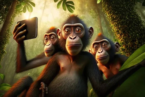 Three monkeys are holding up a tablet computer in the jungle with a forest background wildlife photography a stock photo primitivism