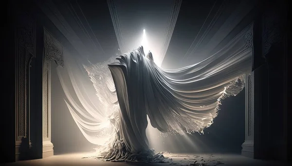 A white draped chair in a dark room with a light coming through the curtain and a light shining through the window volumetric light a raytraced image generative art