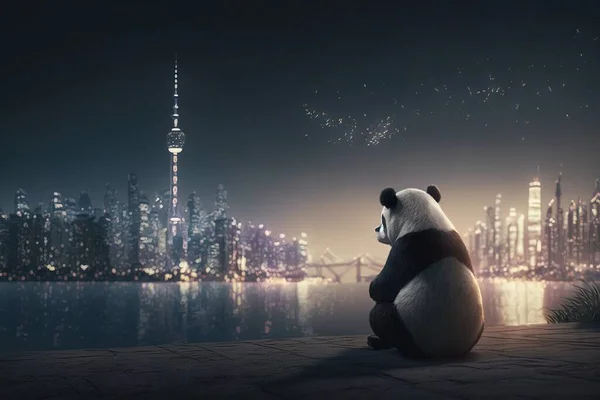 A panda bear sitting on a ledge in front of a city skyline at night with fireworks cinematic matte painting a matte painting magical realism