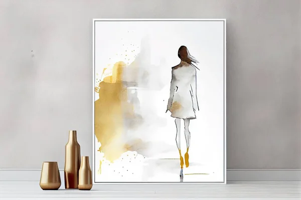 A painting of a woman in a white dress with yellow accents on a wall next to vases digital illustration an ultrafine detailed painting modern european ink painting