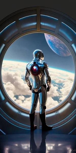 A man in a space suit standing in front of a window looking out at the earth sci fi a detailed matte painting retrofuturism
