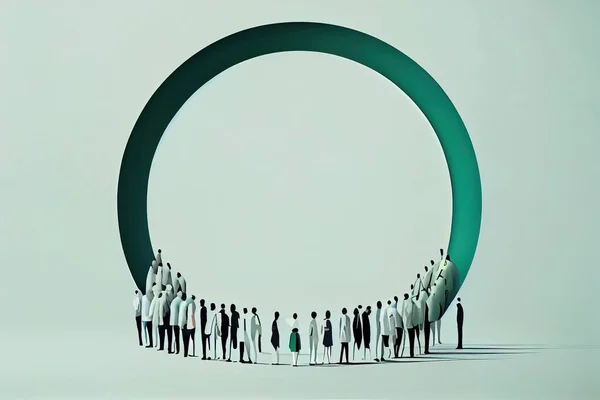 A group of people standing in front of a large green object with a circle of people editorial illustration a digital rendering objective abstraction