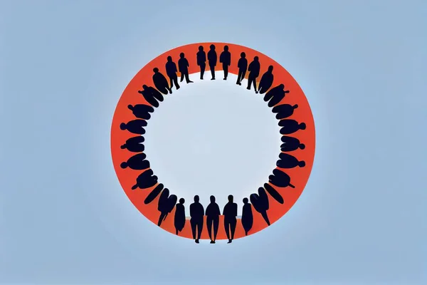 A circle of people standing in a circle on a blue sky background with a red circle editorial illustration a digital rendering incoherents