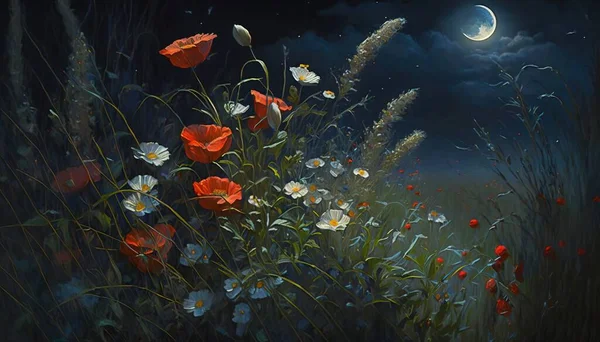 A painting of a field of flowers with a moon in the background and a dark sky kinkade an oil painting magic realism