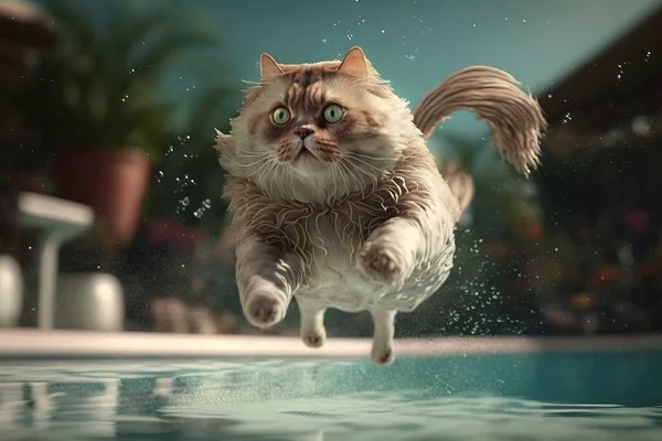 A cat jumping into a pool of water with its front paws in the air and it\'s front paws in the air unreal highly rendered computer graphics kitsch movement