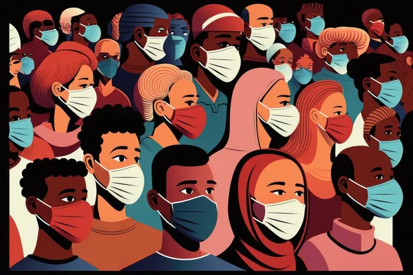 A crowd of people wearing face masks in a crowd of people wearing masks in different colors editorial illustration an illustration of neoplasticism