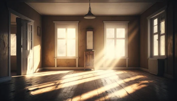 A room with a light coming through the windows and a door in the middle of the room photorealistic lighting a raytraced image postminimalism
