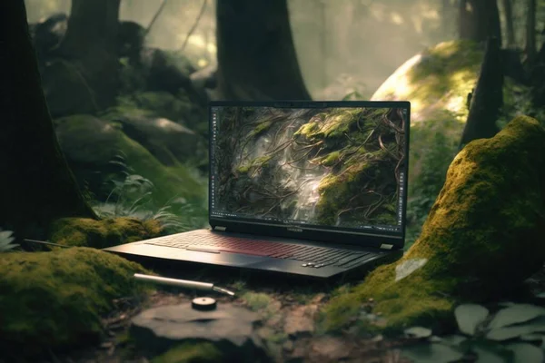 A laptop computer sitting on top of a forest floor covered in mossy trees and plants forest background a computer rendering computer art