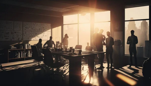 A group of people standing around a table in a room with large windows and a view of the city dim volumetric lighting a stock photo new objectivity