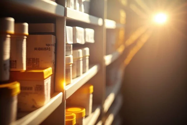 A shelf filled with lots of yellow medicine bottles next to a wall of shelves with yellow medicine bottles anamorphic lens flare a stock photo neoplasticism
