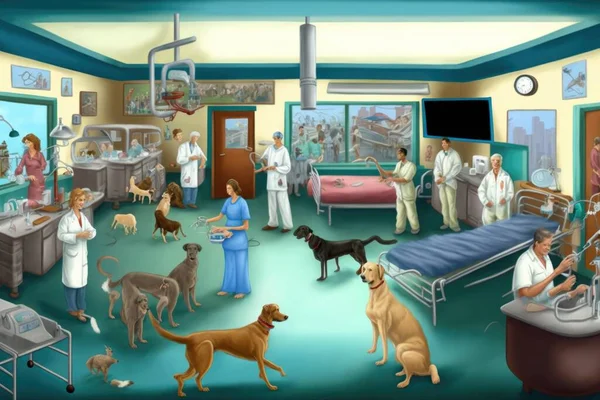 A group of people in a hospital with dogs and cats in the room and a doctor in the background highly detailed digital art a detailed painting naive art