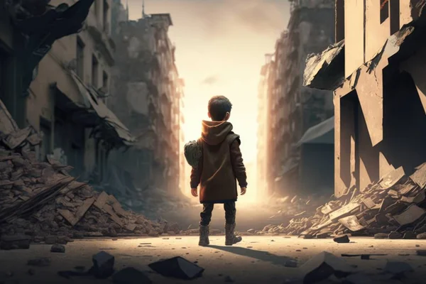 A person standing in a destroyed city street with a backpack on his back and a backpack on his shoulder cinematic matte painting a detailed matte painting auto-destructive art