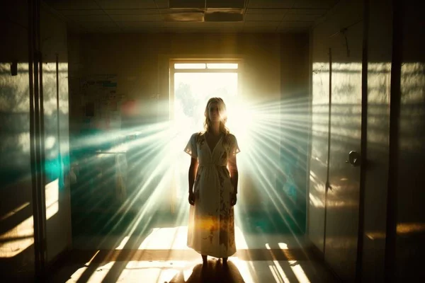 A woman standing in a hallway with a bright light coming through the window behind her anamorphic lens flare a character portrait light and space