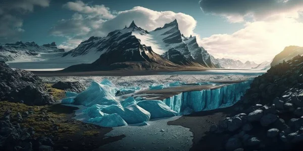 A mountain range with a glacier in the foreground and a river in the foreground cinematic matte painting a detailed matte painting photorealism