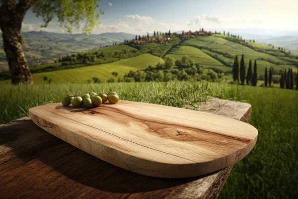 A wooden cutting board with three green apples on it on a table in front of a scenic view product photography a stock photo environmental art